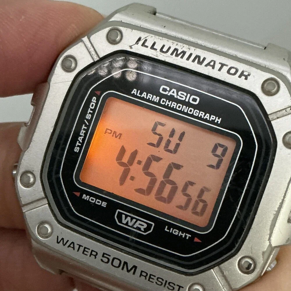 Casio W-218H Men Watch 43mm Digital Gray Steel Bracelet Chrono New Battery 7.25